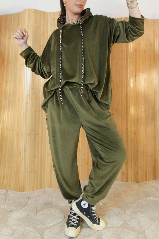 Binky Leopard Soft Stretch Velour Hoodie Lounge Suit Khaki /7 **